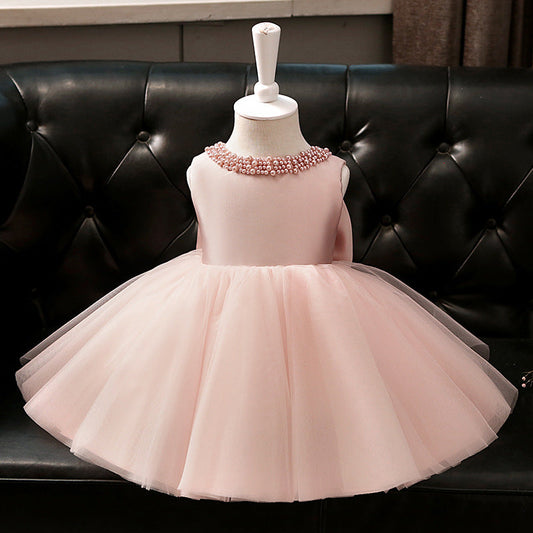 Princess Satin Tulle Flower Girl Dress with Bow and Ruffle