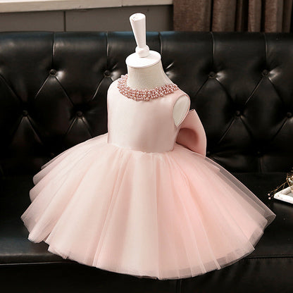 Princess Satin Tulle Flower Girl Dress with Bow and Ruffle