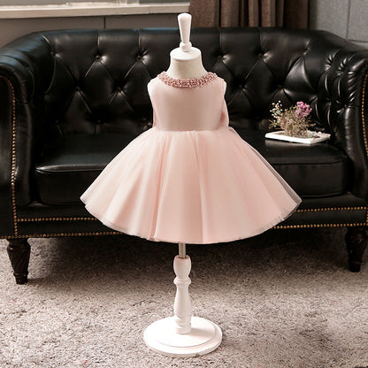 Princess Satin Tulle Flower Girl Dress with Bow and Ruffle