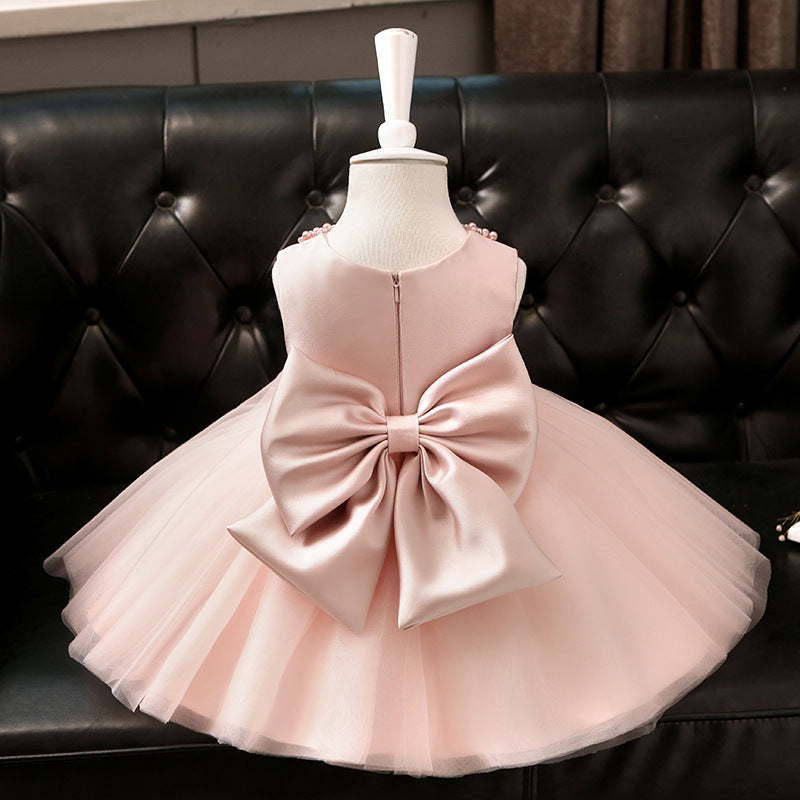 Princess Satin Tulle Flower Girl Dress with Bow and Ruffle