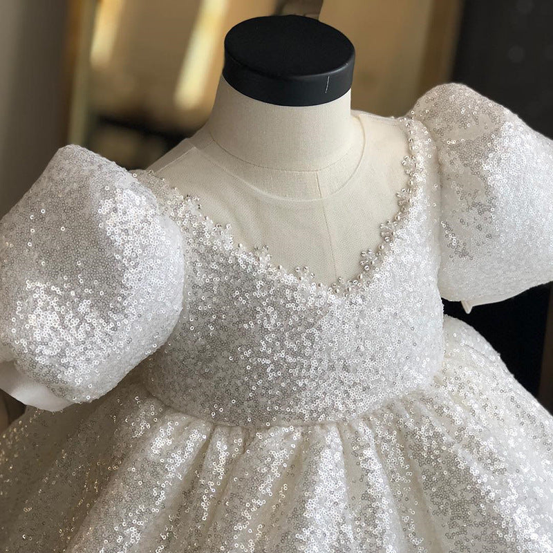 Princess Sequined Flower Girl Dress with Bow – Tea Length, Short Lantern Sleeves