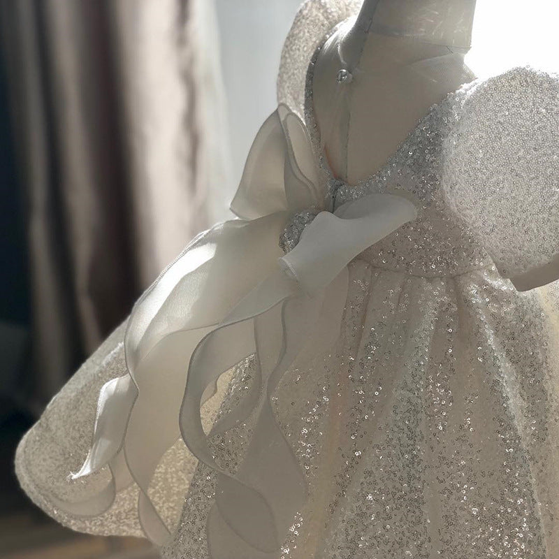 Princess Sequined Flower Girl Dress with Bow – Tea Length, Short Lantern Sleeves
