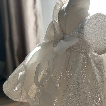 Princess Sequined Flower Girl Dress with Bow – Tea Length, Short Lantern Sleeves