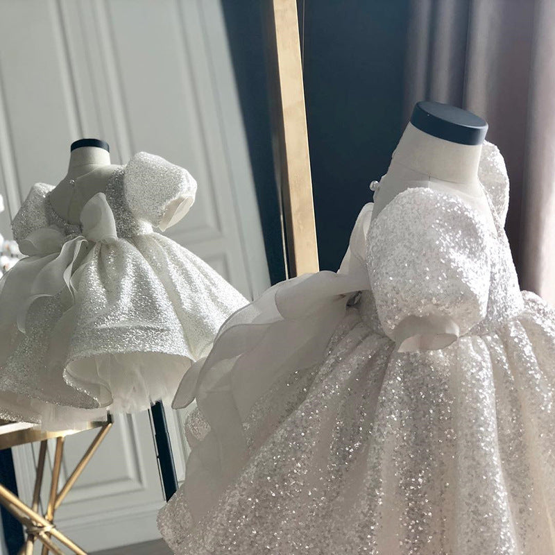 Princess Sequined Flower Girl Dress with Bow – Tea Length, Short Lantern Sleeves