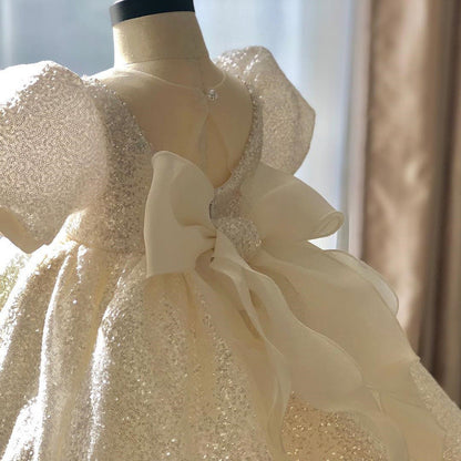 Princess Sequined Flower Girl Dress with Bow – Tea Length, Short Lantern Sleeves