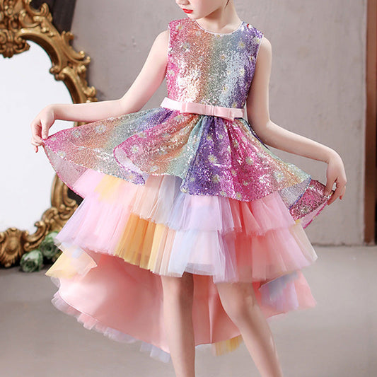 Princess Sequined Flower Girl Dress with Cascading Ruffles