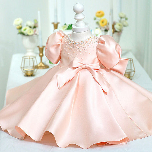 Pink Princess Satin Dress with Sequins & Bow – Flower Girl & Party Dress for Kids