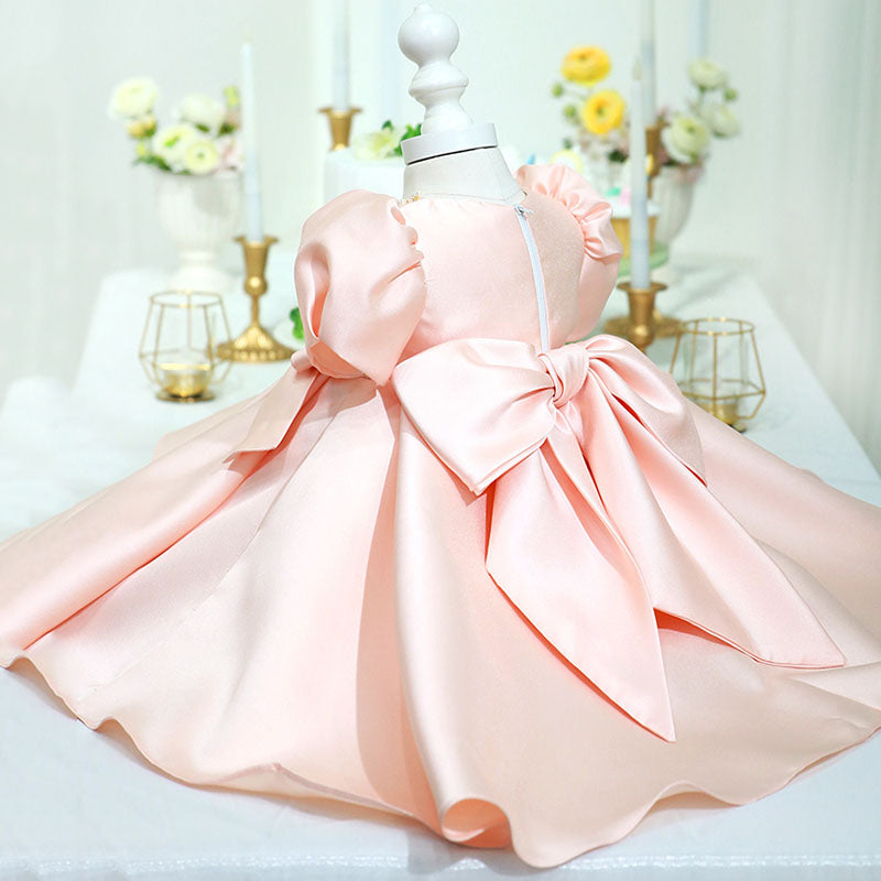 Pink Princess Satin Dress with Sequins & Bow – Flower Girl & Party Dress for Kids
