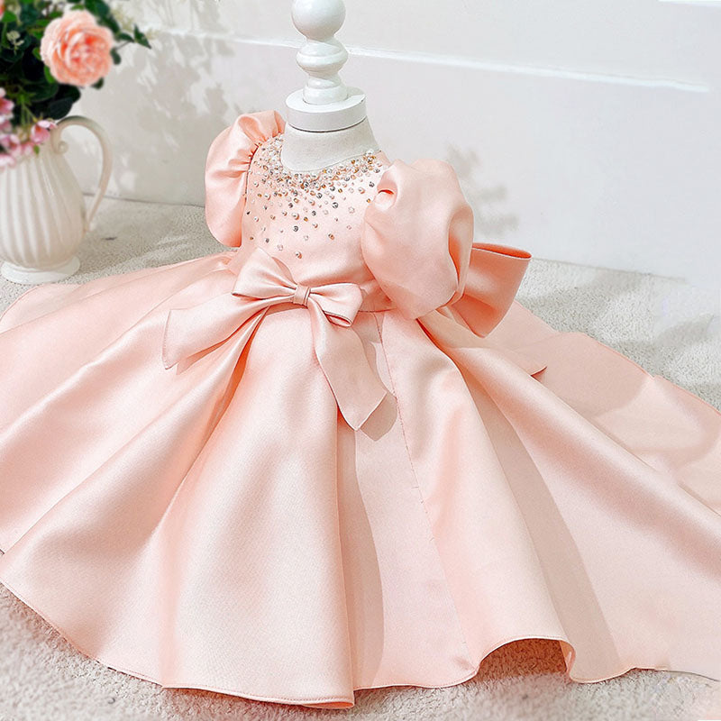 Pink Princess Satin Dress with Sequins & Bow – Flower Girl & Party Dress for Kids