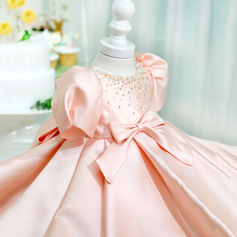 Pink Princess Satin Dress with Sequins & Bow – Flower Girl & Party Dress for Kids
