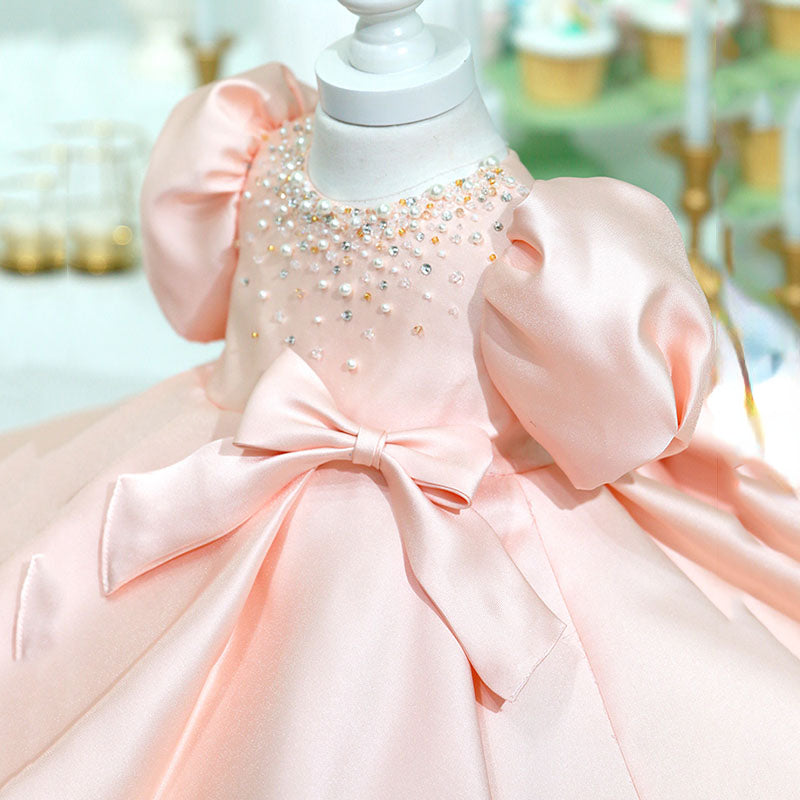 Pink Princess Satin Dress with Sequins & Bow – Flower Girl & Party Dress for Kids