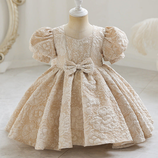 Princess Satin Knee-Length Dress with Floral Print & Bows for Girls (12M-10Y)