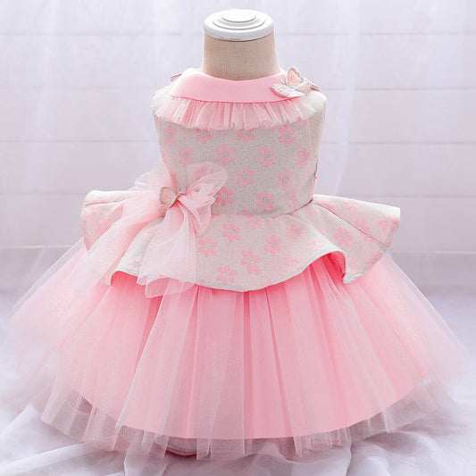 Princess Tea-Length Flower Girl Dress with Floral Ruffles