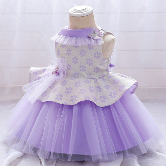Princess Tea-Length Flower Girl Dress with Floral Ruffles
