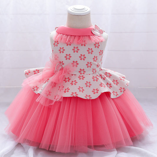 Princess Tea-Length Flower Girl Dress with Floral Ruffles
