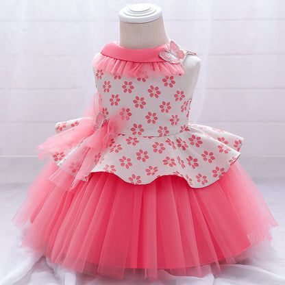 Princess Tea-Length Flower Girl Dress with Floral Ruffles