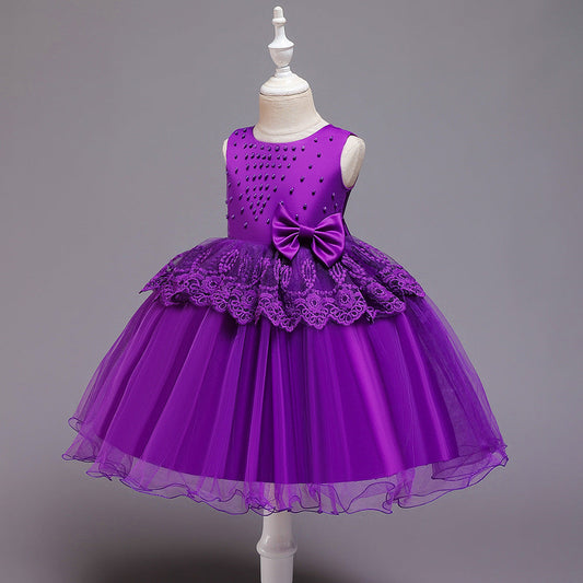 Princess Tea-Length Flower Girl Dress with Satin, Lace, and Bows