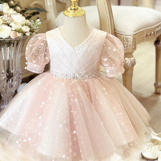 Princess Tea-Length Flower Girl Dress with V-Neck and Sequins