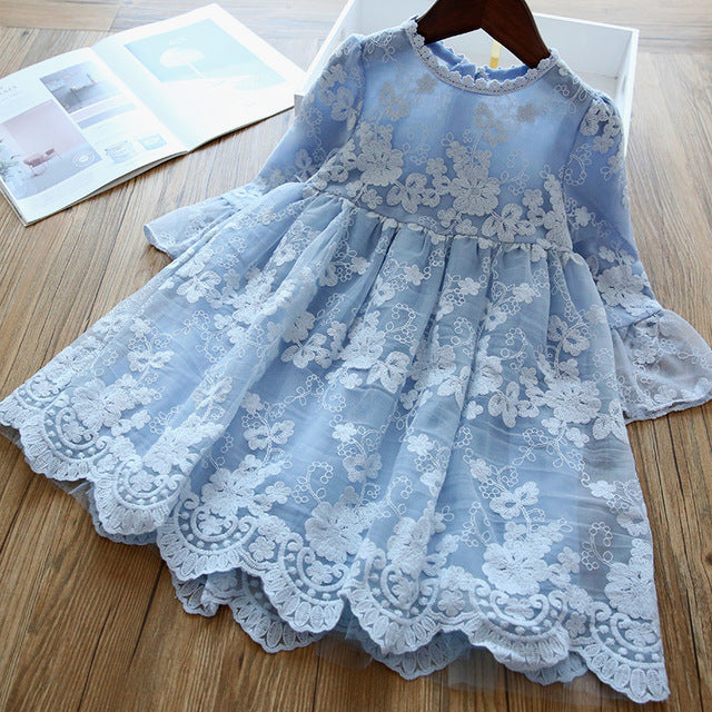 Princess Tea-Length Lace Flower Girl Dress with Bell Sleeves