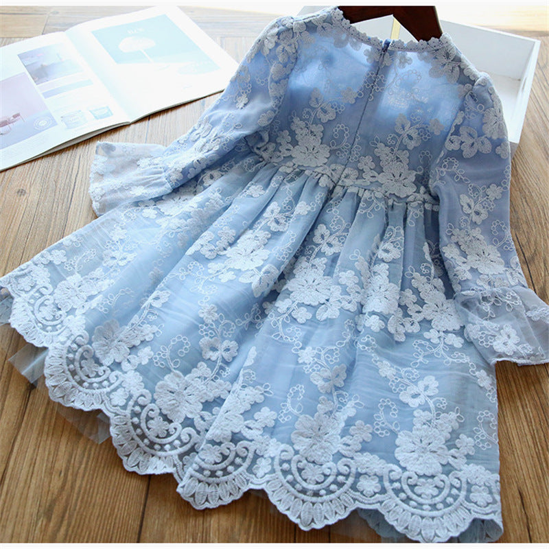 Princess Tea-Length Lace Flower Girl Dress with Bell Sleeves