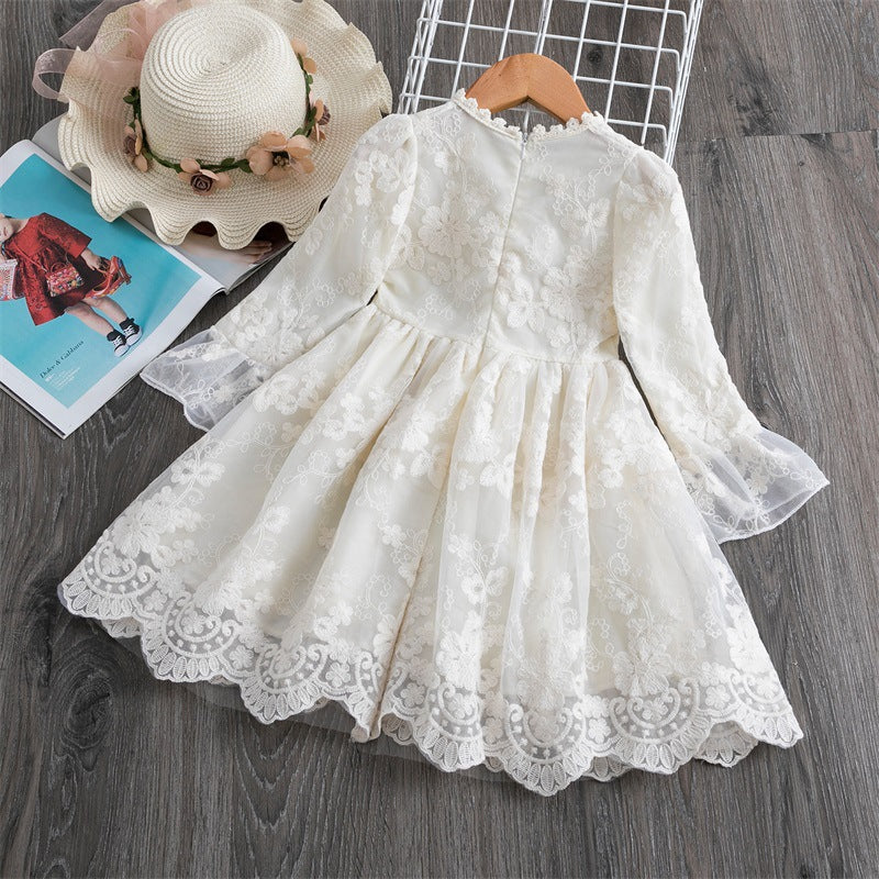 Princess Tea-Length Lace Flower Girl Dress with Bell Sleeves