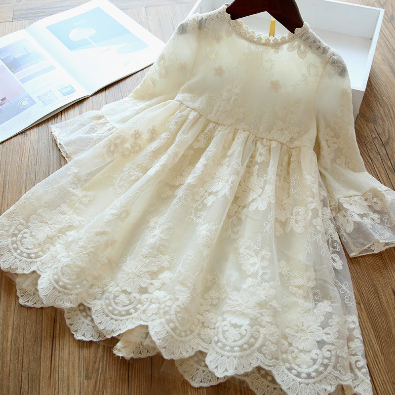Princess Tea-Length Lace Flower Girl Dress with Bell Sleeves