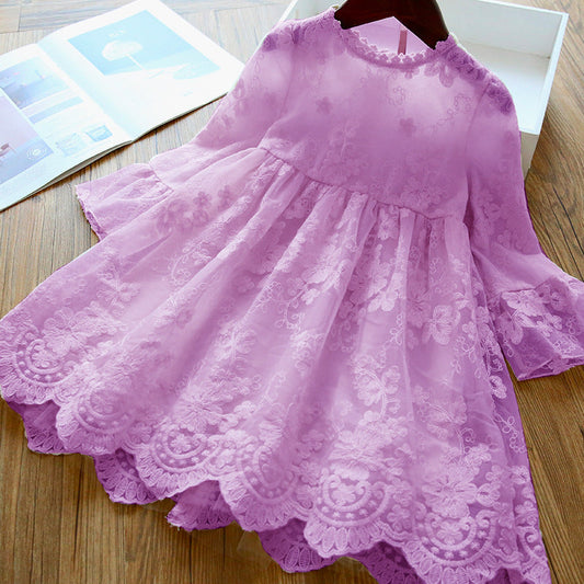 Princess Tea-Length Lace Flower Girl Dress with Bell Sleeves