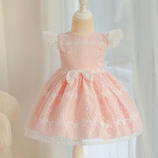 Princess Tea-Length Lace Flower Girl Dress with Cap Sleeves