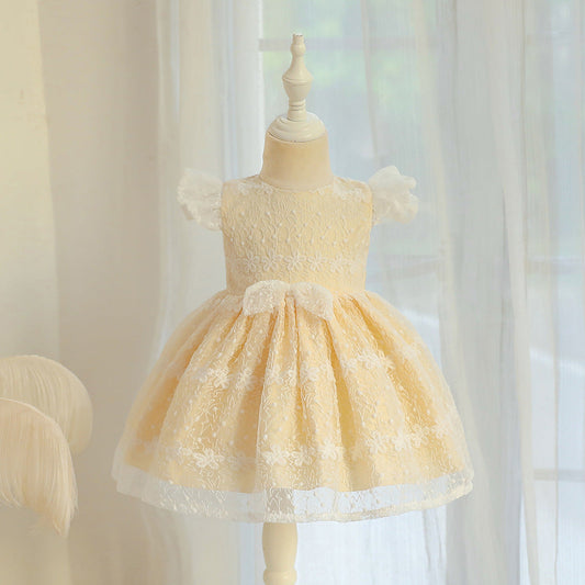 Princess Tea-Length Lace Flower Girl Dress with Cap Sleeves