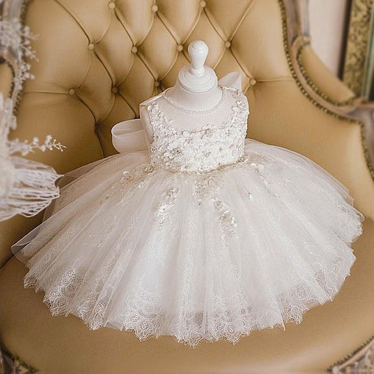 Princess Tea-Length Lace Flower Girl Dress with Floral Embellishments