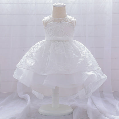 Princess Tea-Length Lace Flower Girl Dress with Floral Embellishments