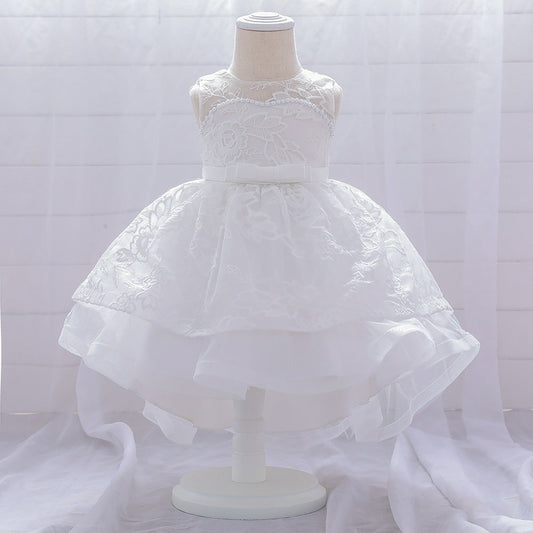 Princess Tea-Length Lace Flower Girl Dress with Floral Embellishments