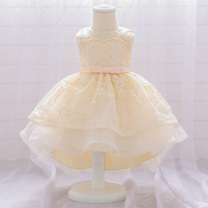 Princess Tea-Length Lace Flower Girl Dress with Floral Embellishments