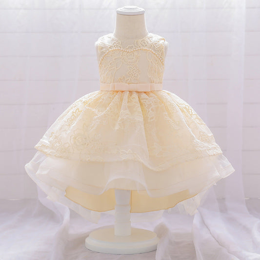 Princess Tea-Length Lace Flower Girl Dress with Floral Embellishments