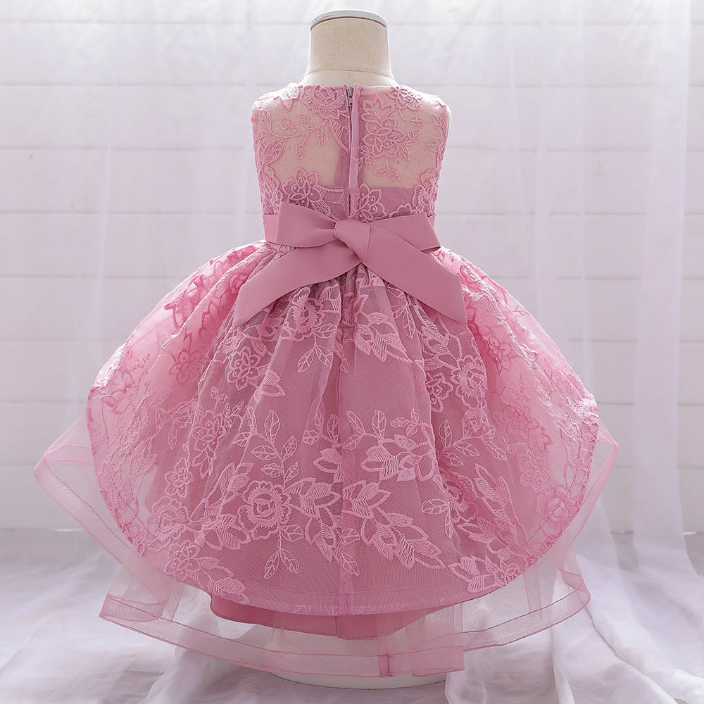 Princess Tea-Length Lace Flower Girl Dress with Floral Embellishments