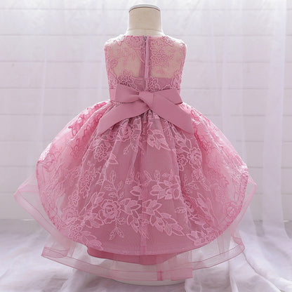 Princess Tea-Length Lace Flower Girl Dress with Floral Embellishments