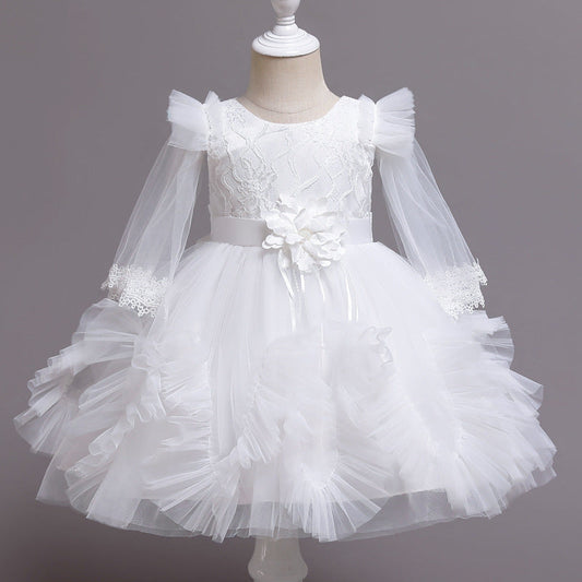 Princess Tea-Length Lace Flower Girl Dress with Long Sleeves