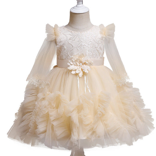 Princess Tea-Length Lace Flower Girl Dress with Long Sleeves