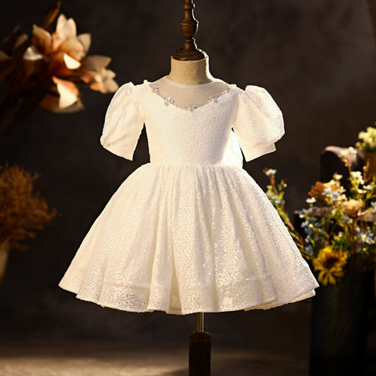 Princess Tea-Length Lace Flower Girl Dress with Sequins