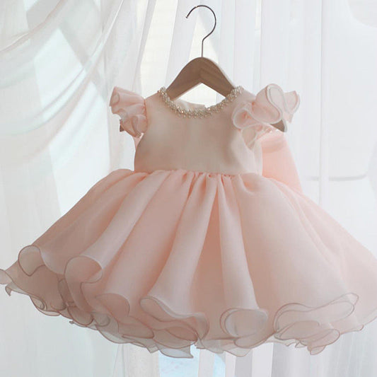 Princess Tea-Length Organza Flower Girl Dress with Beaded Bow