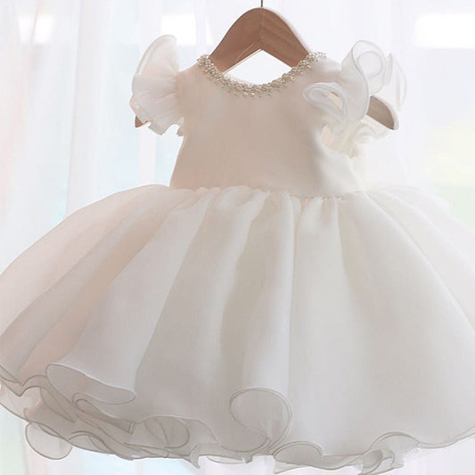 Princess Tea-Length Organza Flower Girl Dress with Beaded Bow