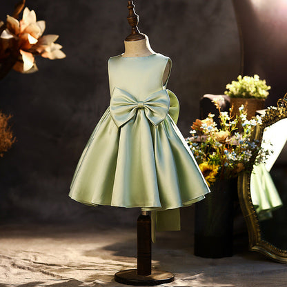 Princess Tea-Length Satin Flower Girl Dress with Bow