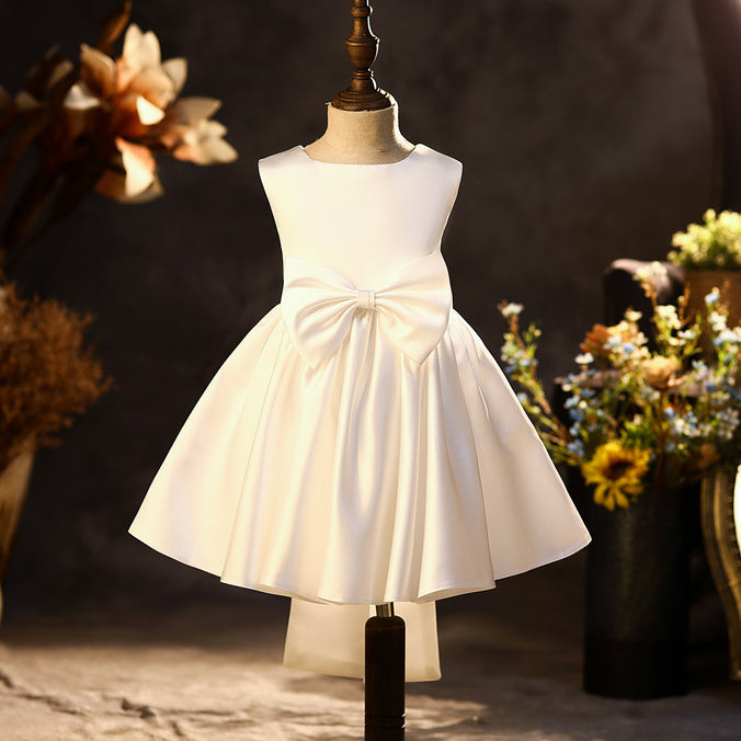 Princess Tea-Length Satin Flower Girl Dress with Bow