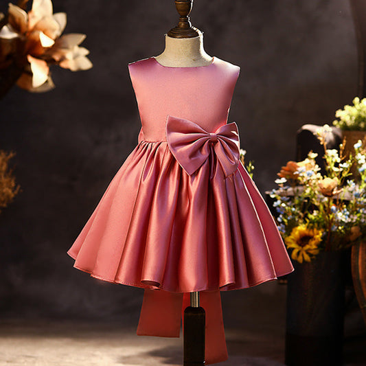Princess Tea-Length Satin Flower Girl Dress with Bow