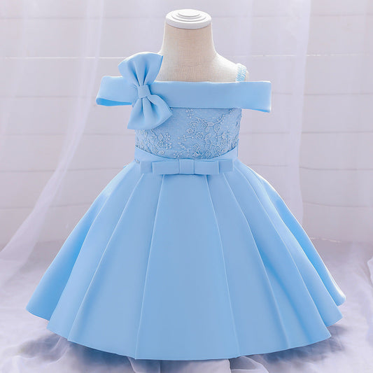 Princess Tea-Length Satin Flower Girl Dress with Lace and Bows