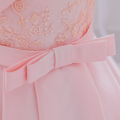 Princess Tea-Length Satin Flower Girl Dress with Lace and Bows