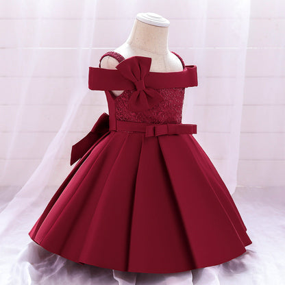 Princess Tea-Length Satin Flower Girl Dress with Lace and Bows