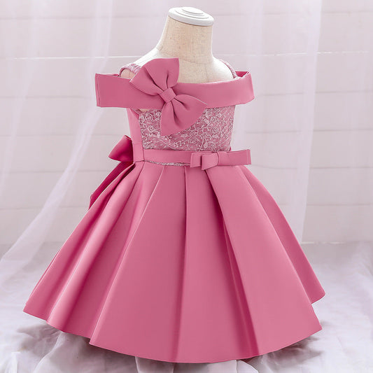 Princess Tea-Length Satin Flower Girl Dress with Lace and Bows