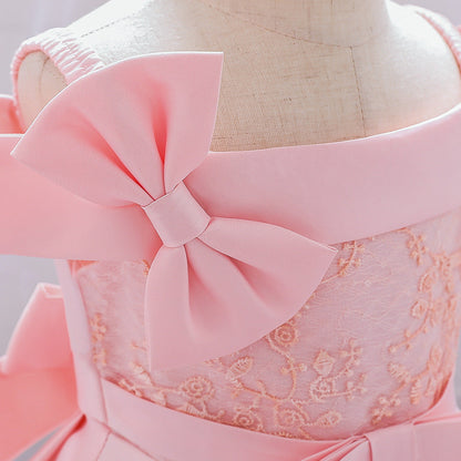 Princess Tea-Length Satin Flower Girl Dress with Lace and Bows