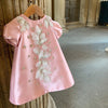Princess Tea-Length Satin Flower Girl Dress with Puff Sleeves